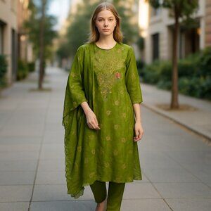 Women's Avocado Green 3pc Embroidered Lined Indian Kurta Pant Dupatta Set